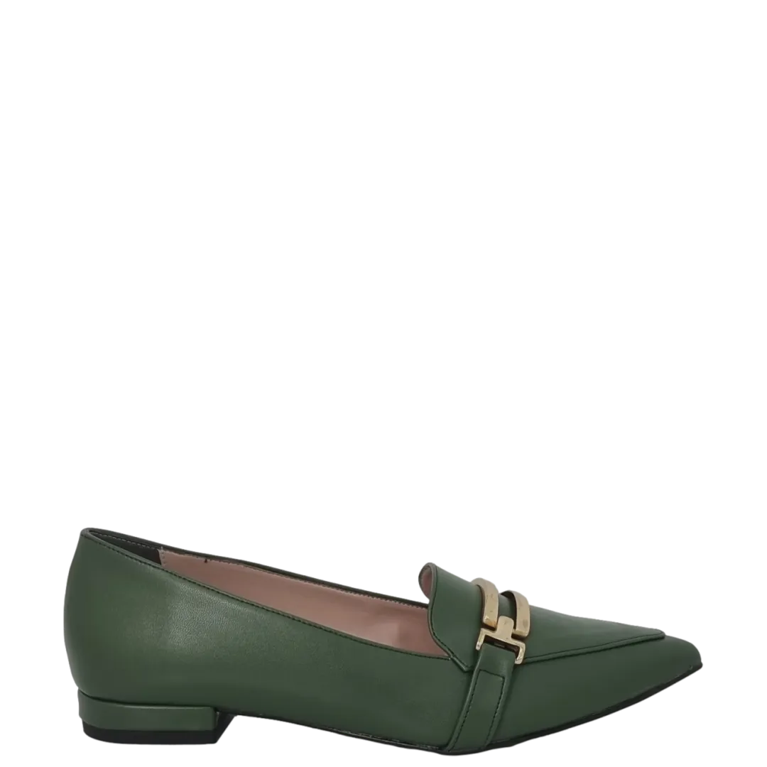 Ballerine a punta in pelle verde con accessorio oro F/W