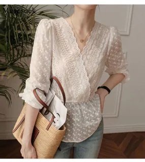 Camicetta elegante francese con ricamo in cotone - V-collo e pizzo - Bianco - Manica lunga
