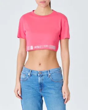 Coral Cropped Tee in Pure Cotton with Crystal Logo and Crystal Bands at the Bottom