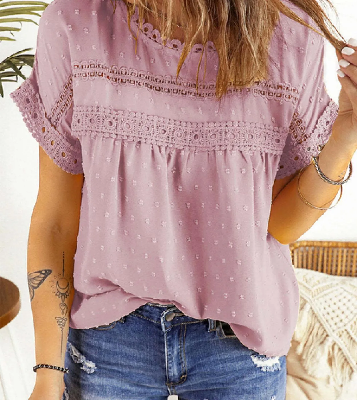 Elegant Summer Lace Short Sleeve Jacquard Women's Top 2023 O-neck Hollow Out Casual Loose Women's Shirts Blouse