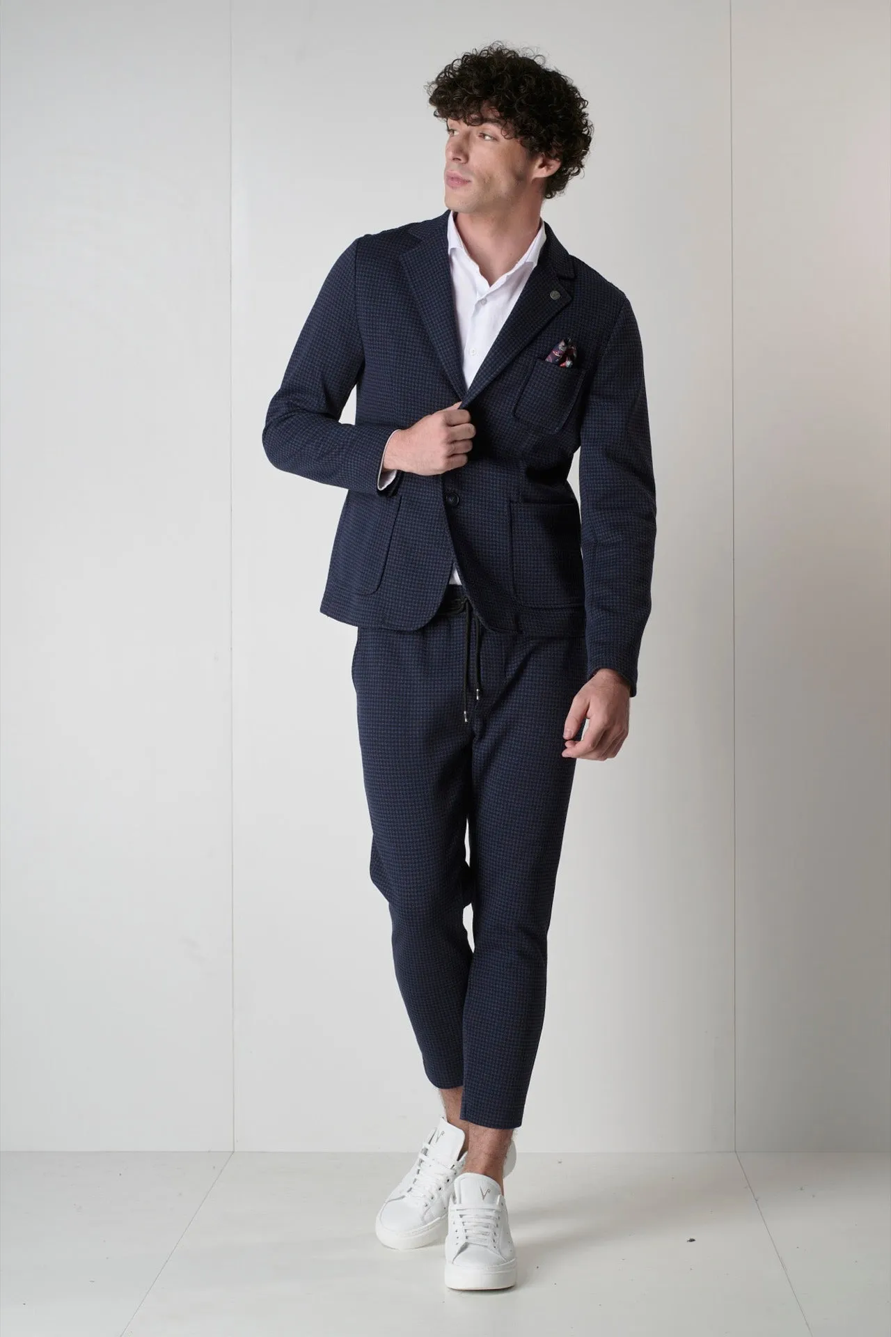 Giacca Sartoriale Monopetto Pied de Poule Bicolor Blu e Jeans con pochette in tessuto V2